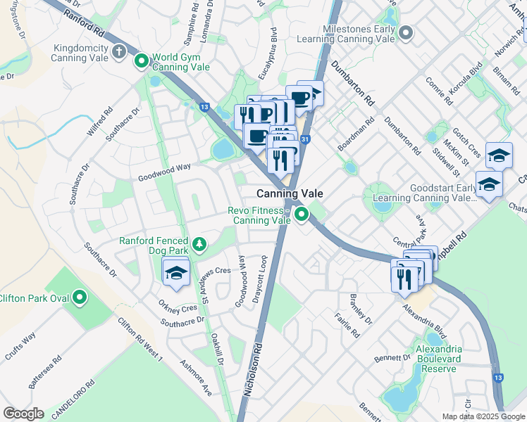 map of restaurants, bars, coffee shops, grocery stores, and more near 42 Carlton Loop in Canning Vale