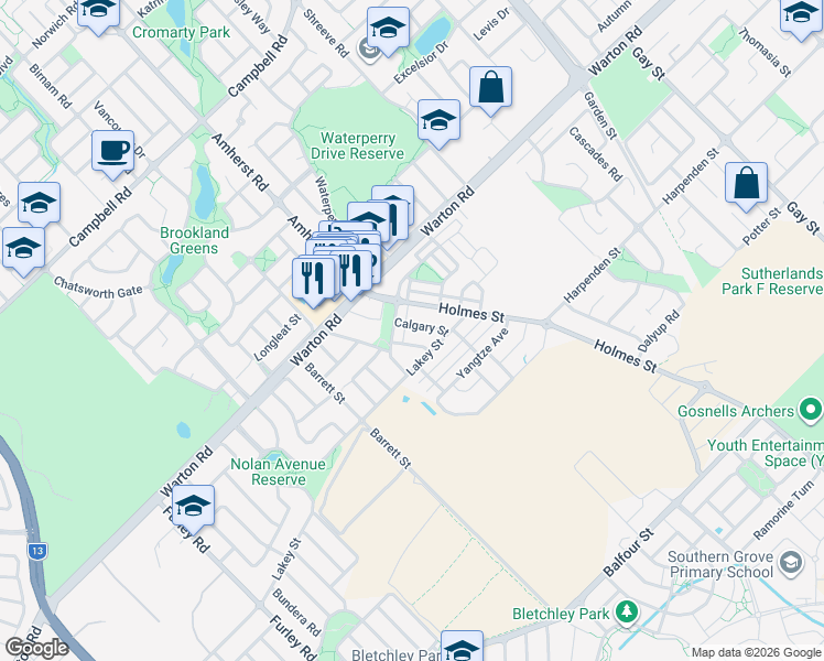 map of restaurants, bars, coffee shops, grocery stores, and more near 14 Calgary Street in Southern River