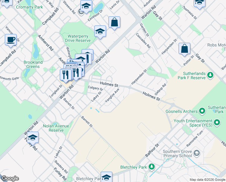 map of restaurants, bars, coffee shops, grocery stores, and more near 24 Ganges Street in Southern River