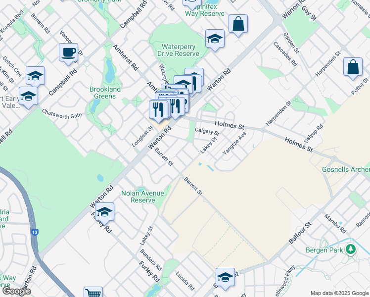 map of restaurants, bars, coffee shops, grocery stores, and more near 11 Madras Way in Southern River