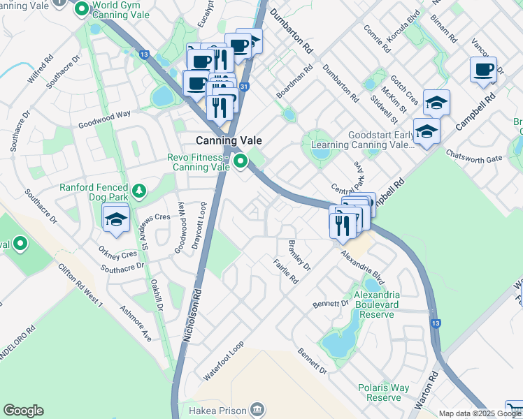 map of restaurants, bars, coffee shops, grocery stores, and more near 9 Glenariff Boulevard in Canning Vale