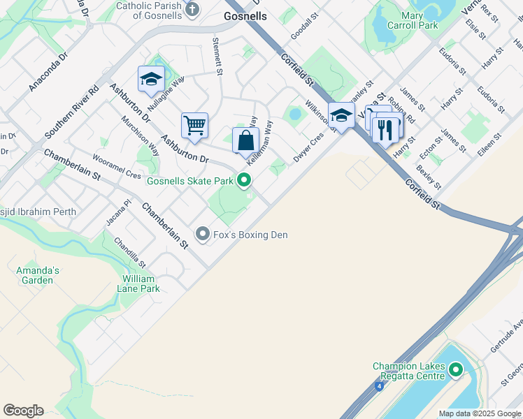 map of restaurants, bars, coffee shops, grocery stores, and more near 205 Verna Street in Gosnells