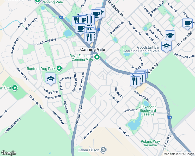 map of restaurants, bars, coffee shops, grocery stores, and more near 57 Ballycastle Loop in Canning Vale