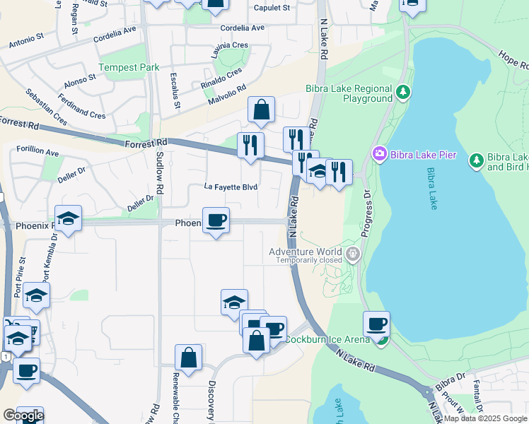 map of restaurants, bars, coffee shops, grocery stores, and more near 14 Devonian Gardens in Bibra Lake