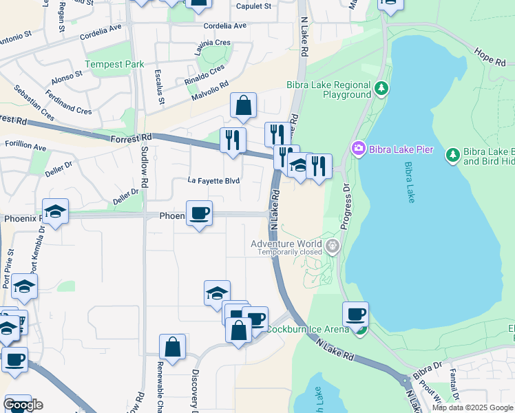 map of restaurants, bars, coffee shops, grocery stores, and more near 26 Treaty Oak Cove in Bibra Lake
