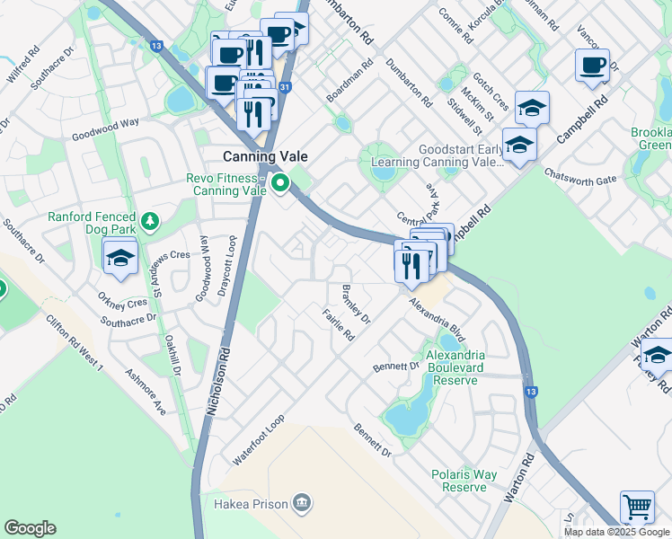 map of restaurants, bars, coffee shops, grocery stores, and more near 1 Heaney Way in Canning Vale