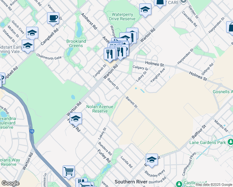 map of restaurants, bars, coffee shops, grocery stores, and more near 30 Conder Way in Southern River