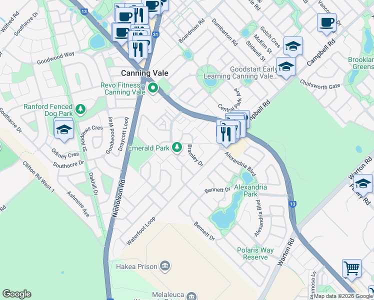 map of restaurants, bars, coffee shops, grocery stores, and more near 22 Bramley Drive in Canning Vale