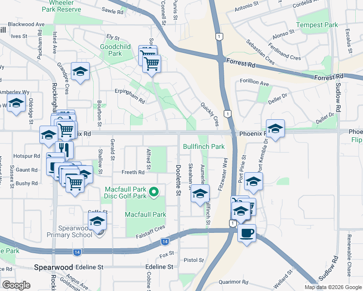 map of restaurants, bars, coffee shops, grocery stores, and more near 10 Doolette Street in Spearwood