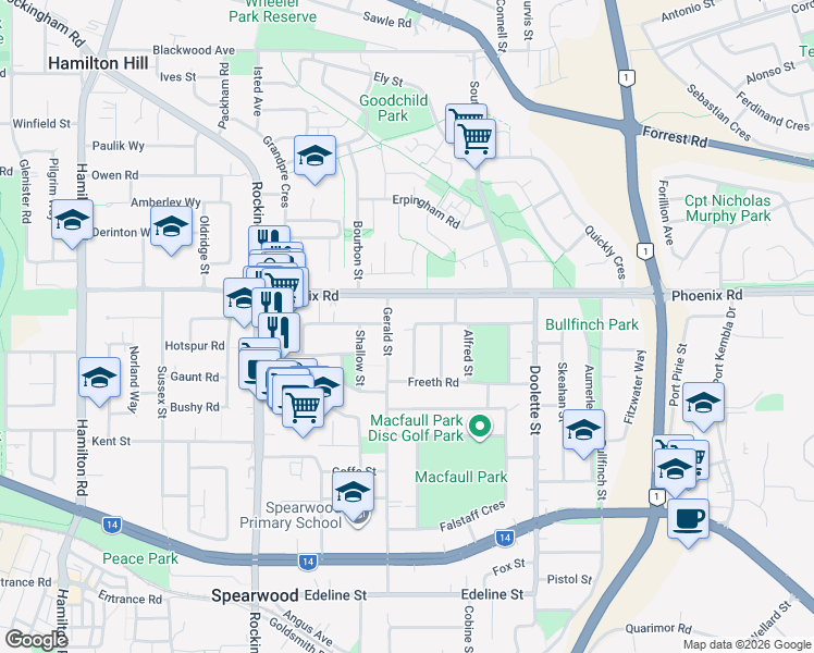 map of restaurants, bars, coffee shops, grocery stores, and more near 3 Graham Street in Spearwood