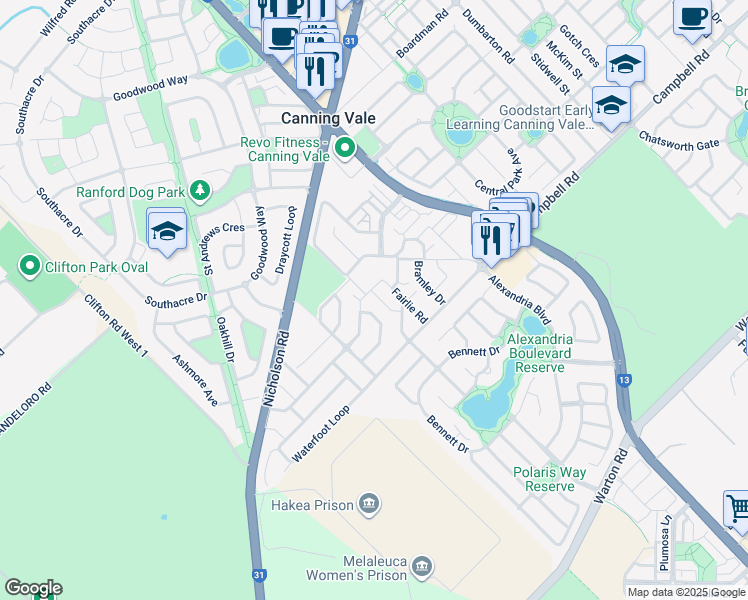 map of restaurants, bars, coffee shops, grocery stores, and more near 20 Bunratty Link in Canning Vale