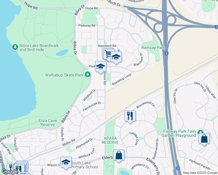 map of restaurants, bars, coffee shops, grocery stores, and more near 26 Beedelup Loop in Bibra Lake