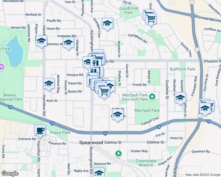 map of restaurants, bars, coffee shops, grocery stores, and more near 20B March Street in Spearwood