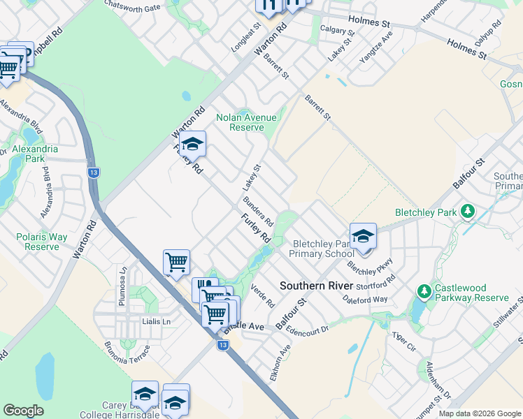 map of restaurants, bars, coffee shops, grocery stores, and more near 14 Bundera Road in Southern River