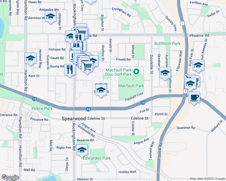 map of restaurants, bars, coffee shops, grocery stores, and more near 64 Gerald Street in Spearwood