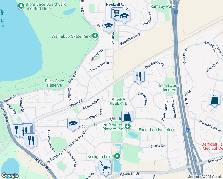 map of restaurants, bars, coffee shops, grocery stores, and more near 16 Rambutan Place in South Lake