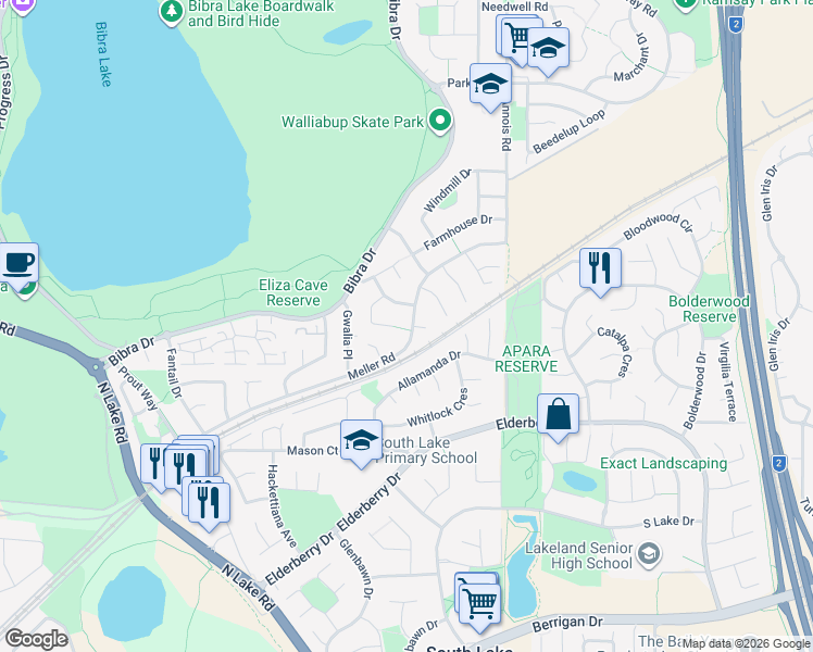 map of restaurants, bars, coffee shops, grocery stores, and more near 71 Meller Road in Bibra Lake