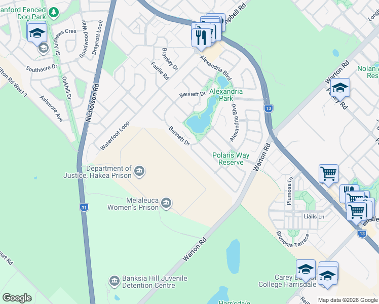map of restaurants, bars, coffee shops, grocery stores, and more near 5 Gundaring Turn in Canning Vale