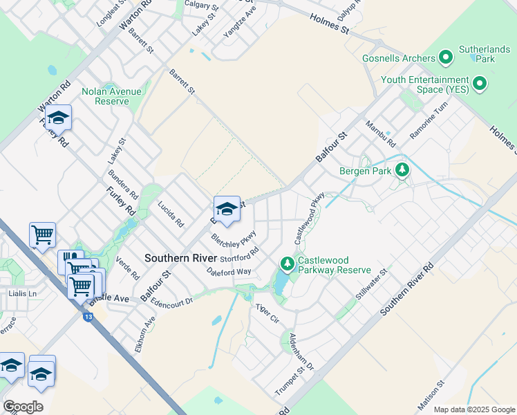 map of restaurants, bars, coffee shops, grocery stores, and more near 55 Bletchley Parkway in Southern River