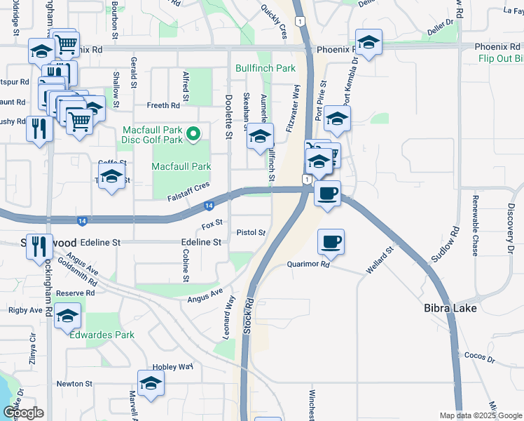 map of restaurants, bars, coffee shops, grocery stores, and more near 14 Bardolph Road in Spearwood