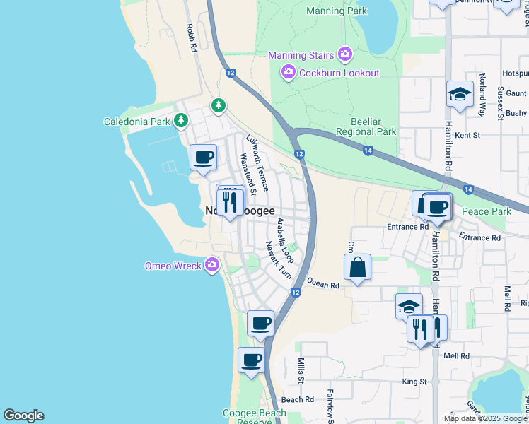 map of restaurants, bars, coffee shops, grocery stores, and more near 34 Pantheon Avenue in North Coogee