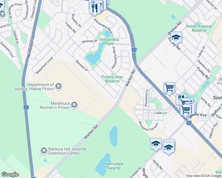 map of restaurants, bars, coffee shops, grocery stores, and more near 33 Burnside Terrace in Canning Vale