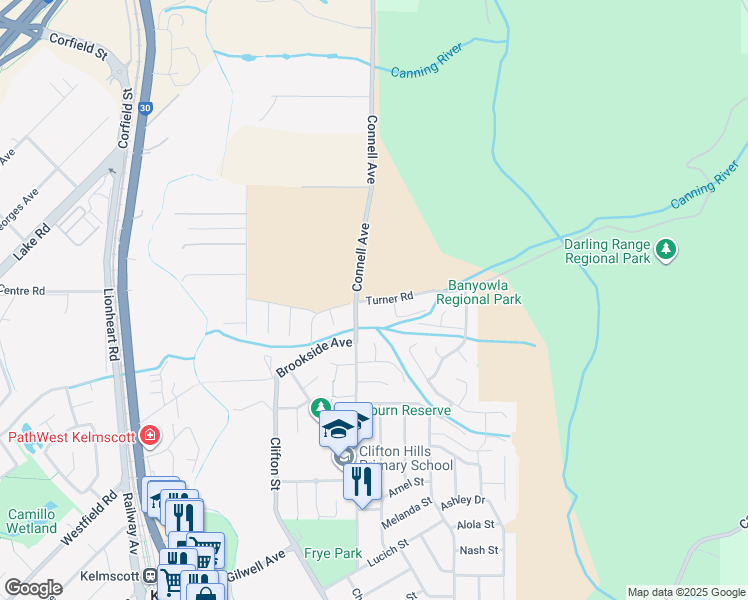 map of restaurants, bars, coffee shops, grocery stores, and more near 6 Turner Road in Kelmscott