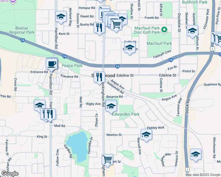 map of restaurants, bars, coffee shops, grocery stores, and more near 7 Goldsmith Road in Spearwood