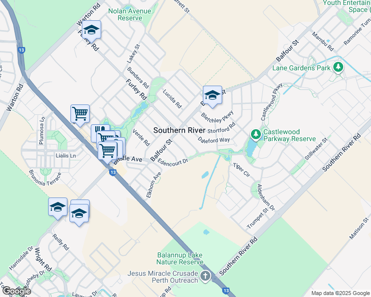 map of restaurants, bars, coffee shops, grocery stores, and more near 18 Renoir Way in Southern River