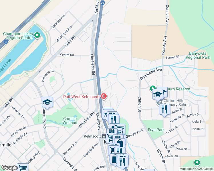 map of restaurants, bars, coffee shops, grocery stores, and more near 2 Asplin Loop in Kelmscott