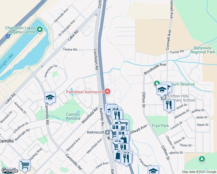 map of restaurants, bars, coffee shops, grocery stores, and more near 5 Turner Place in Kelmscott