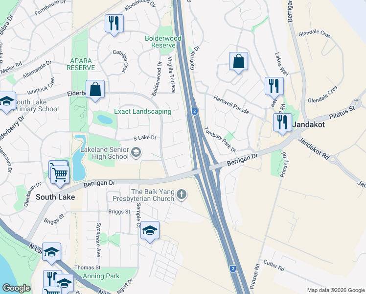 map of restaurants, bars, coffee shops, grocery stores, and more near 18 McLernon Place in South Lake