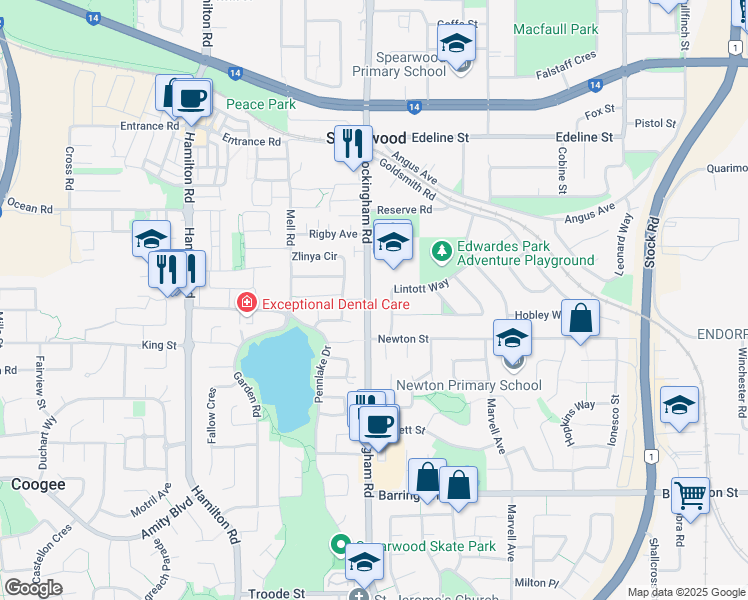 map of restaurants, bars, coffee shops, grocery stores, and more near 378 Rockingham Road in Spearwood