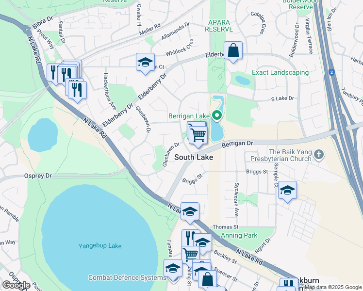map of restaurants, bars, coffee shops, grocery stores, and more near 11 South Lake Drive in South Lake