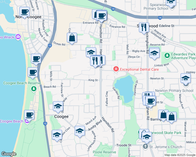 map of restaurants, bars, coffee shops, grocery stores, and more near 74 King Street in Coogee