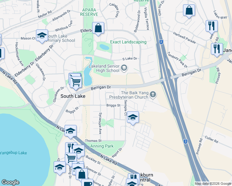 map of restaurants, bars, coffee shops, grocery stores, and more near 31 Koojarra Rise in South Lake