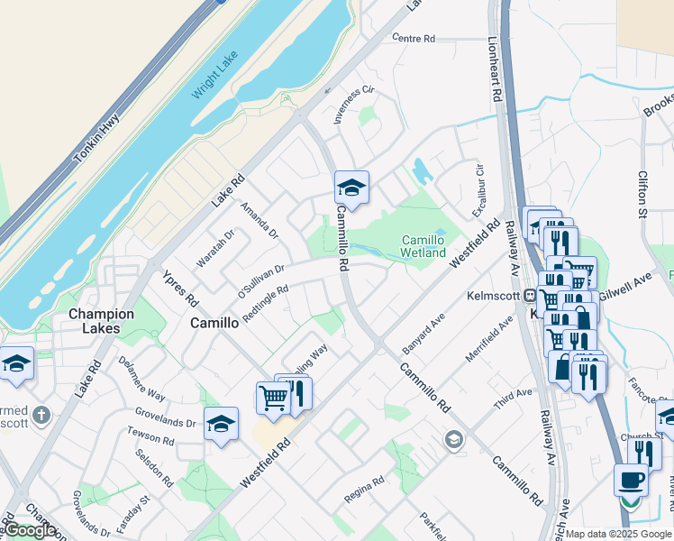 map of restaurants, bars, coffee shops, grocery stores, and more near 119 Cammillo Road in Camillo