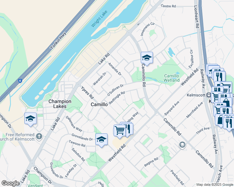 map of restaurants, bars, coffee shops, grocery stores, and more near 16 Redtingle Road in Camillo