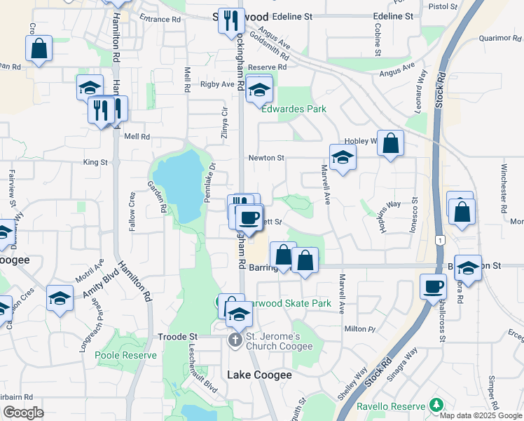 map of restaurants, bars, coffee shops, grocery stores, and more near 6 Steinbeck Place in Spearwood