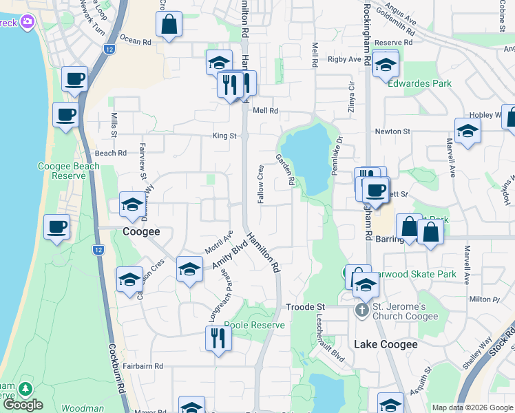 map of restaurants, bars, coffee shops, grocery stores, and more near 14 Fallow Crescent in Spearwood