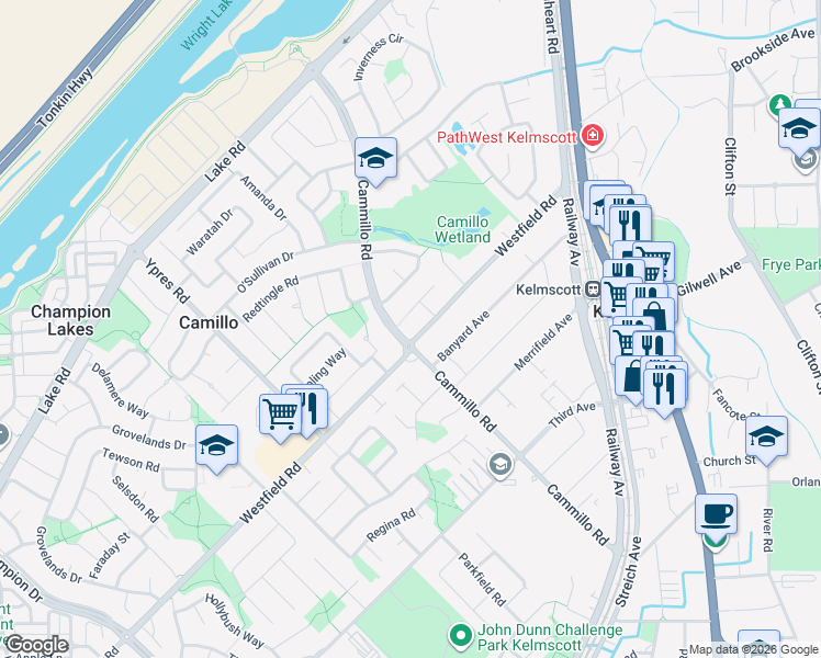 map of restaurants, bars, coffee shops, grocery stores, and more near 140 Cammillo Road in Camillo