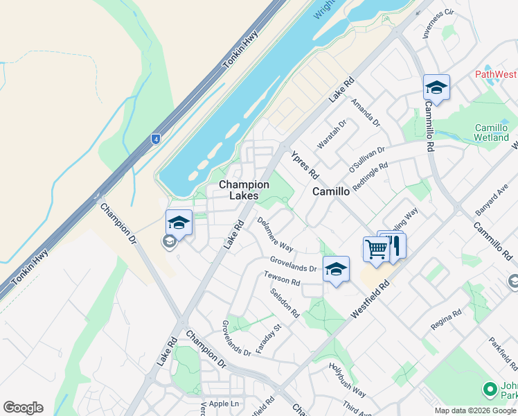 map of restaurants, bars, coffee shops, grocery stores, and more near 10 Delamere Way in Camillo