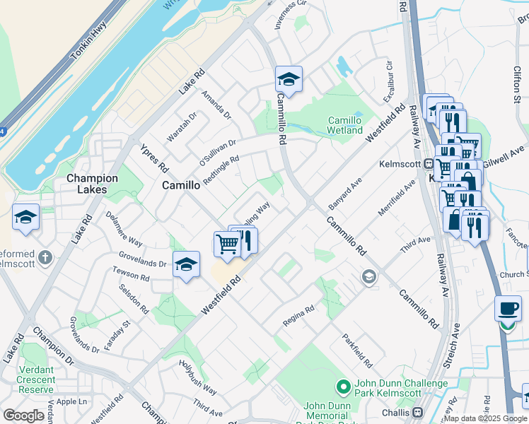 map of restaurants, bars, coffee shops, grocery stores, and more near 16 Sapling Way in Camillo