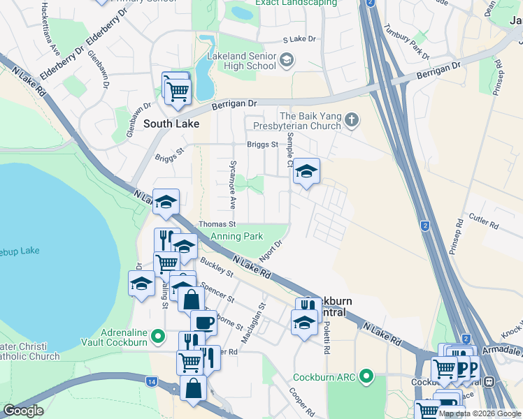 map of restaurants, bars, coffee shops, grocery stores, and more near 7 Kabbarli Court in South Lake
