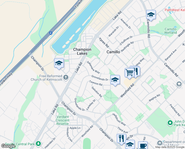 map of restaurants, bars, coffee shops, grocery stores, and more near 49 Grovelands Drive in Camillo