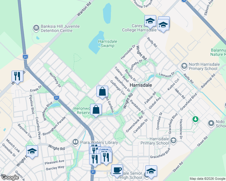 map of restaurants, bars, coffee shops, grocery stores, and more near 14 Carnaby Way in Harrisdale