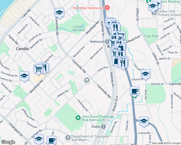 map of restaurants, bars, coffee shops, grocery stores, and more near 31 Third Avenue in Kelmscott