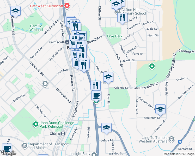 map of restaurants, bars, coffee shops, grocery stores, and more near 6 Dean Street in Kelmscott