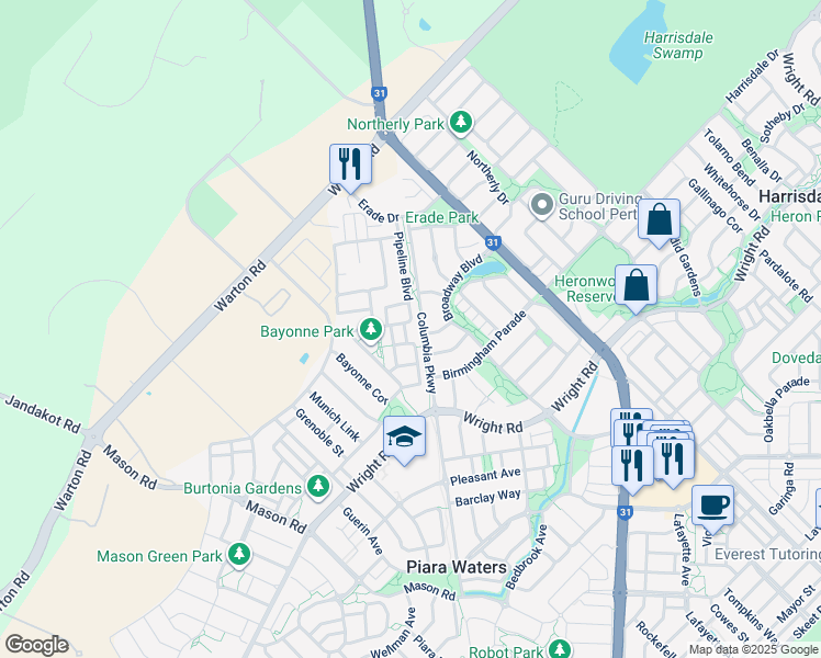 map of restaurants, bars, coffee shops, grocery stores, and more near 4 Letts Lane in Piara Waters