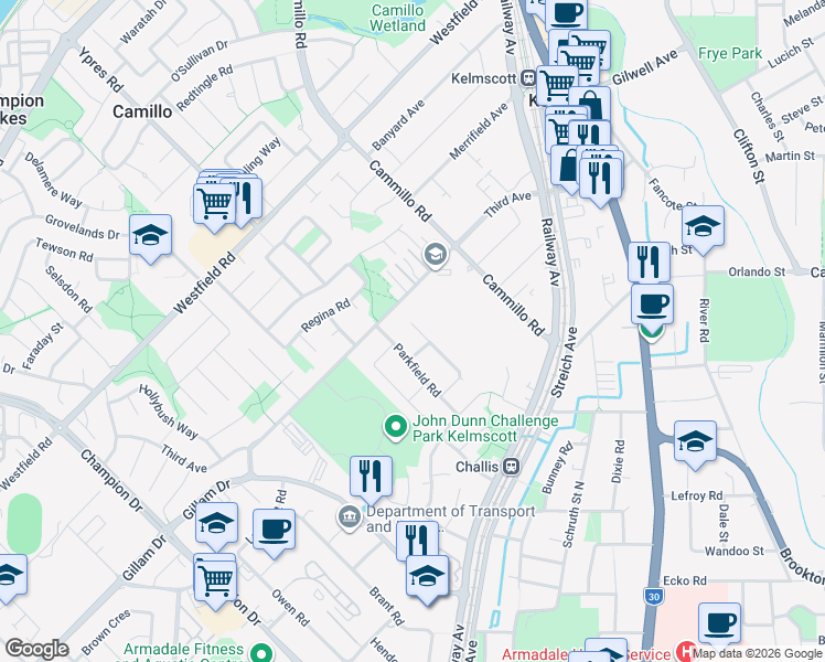 map of restaurants, bars, coffee shops, grocery stores, and more near 8 Oakfield Place in Kelmscott
